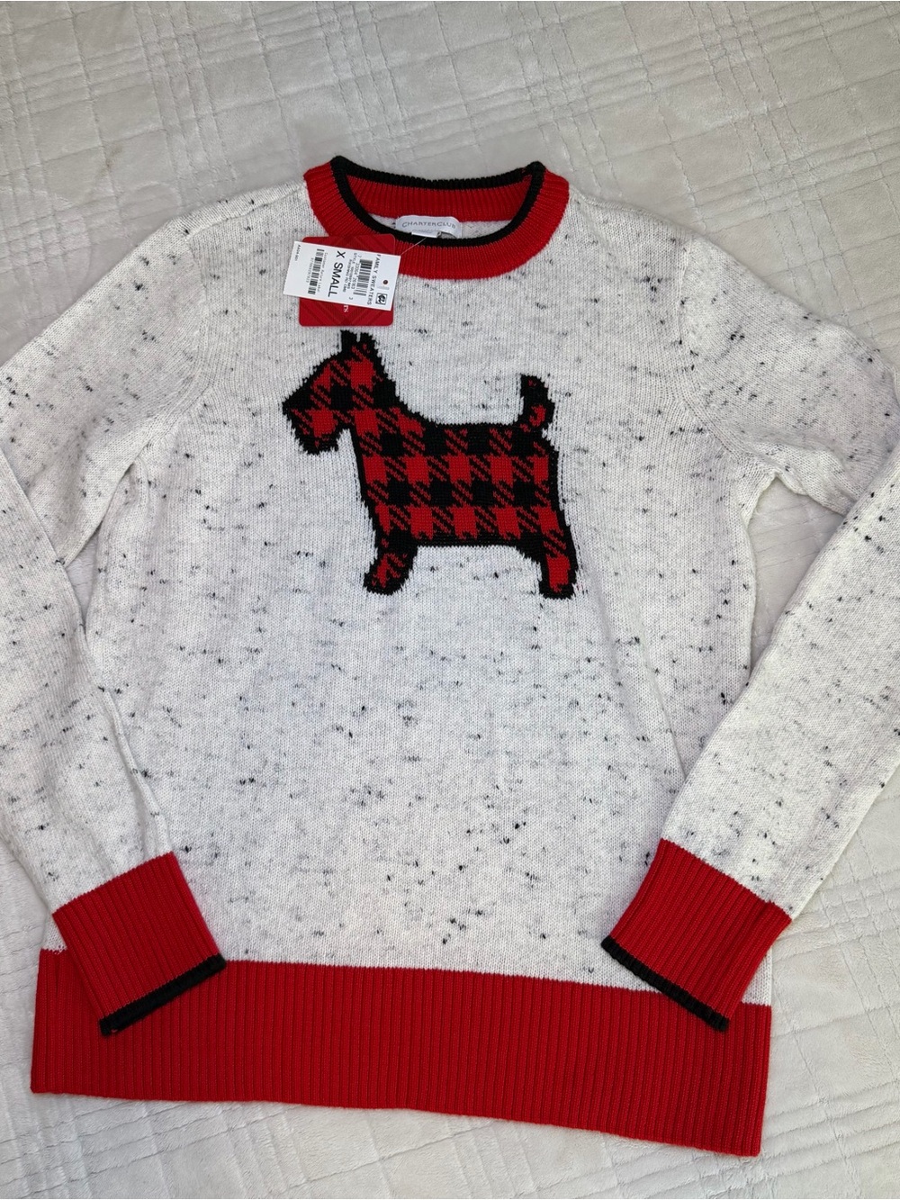 Charter Club White Speckle Crewneck Sweater with plaid dog NWT XS